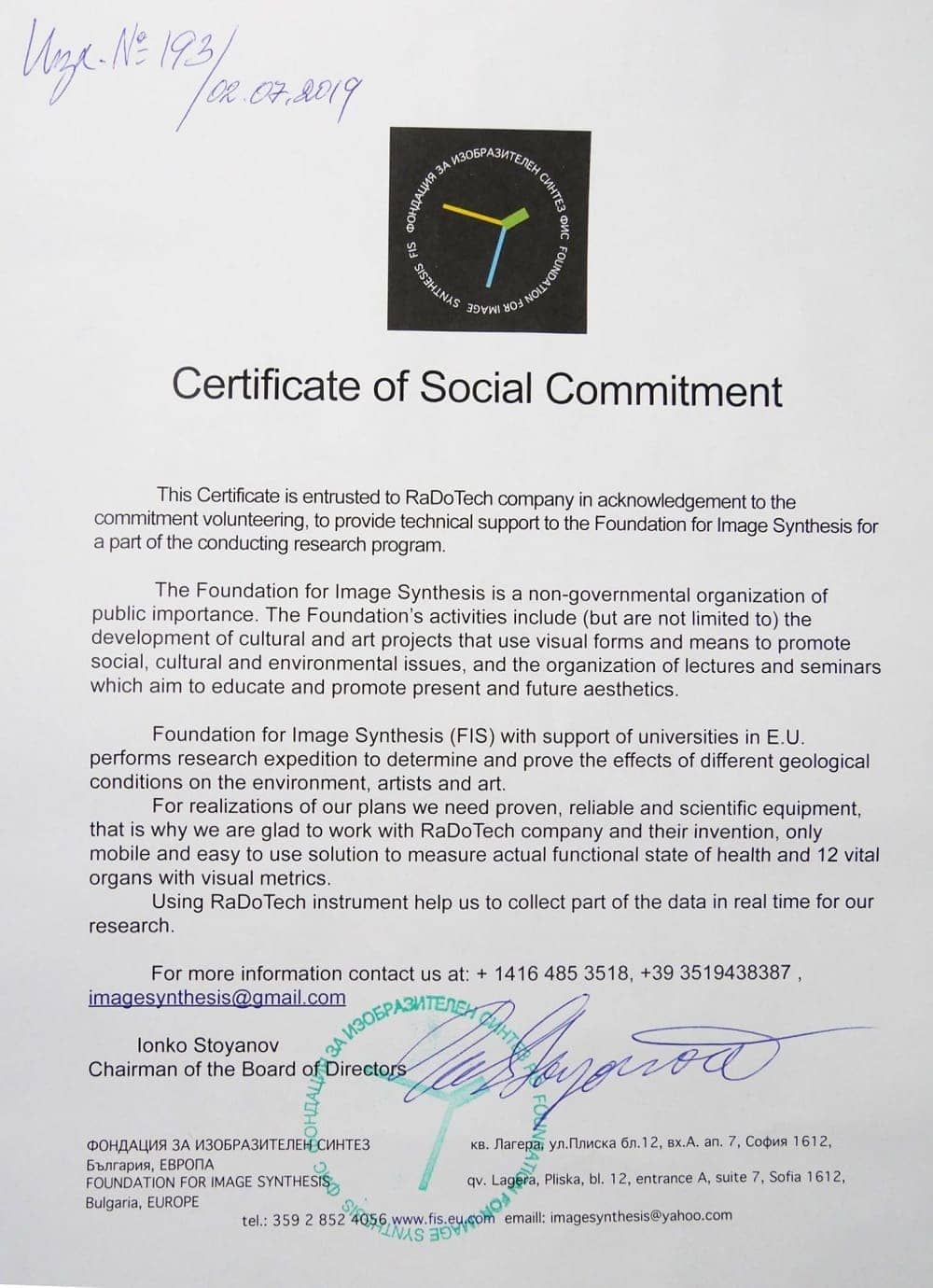 Сертификат признание социального вклада RaDoTech Европейской Академии 